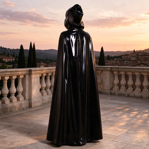 Celeste floor-length hooded natural latex cape, back view on a European terrace at sunset