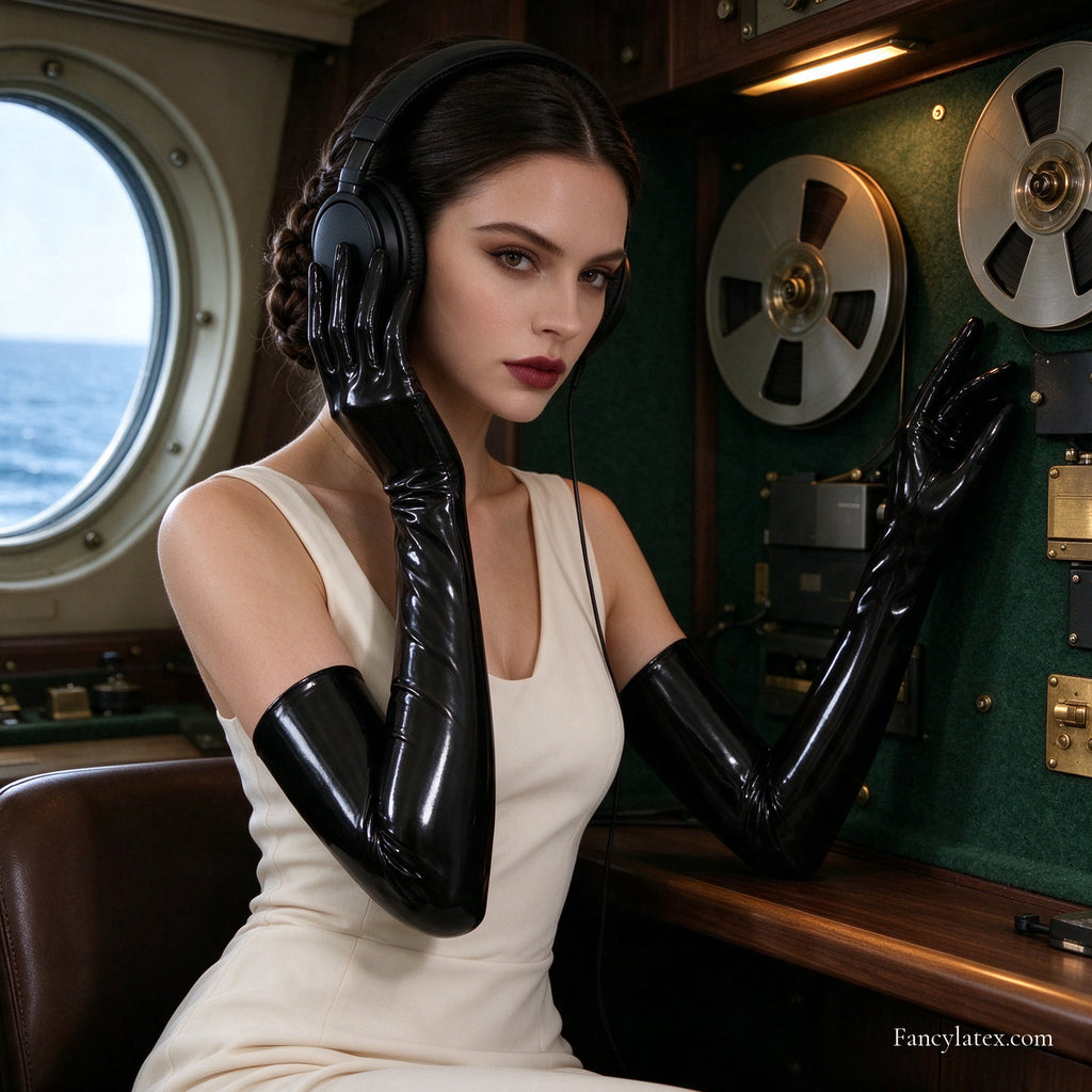 Black latex opera gloves styled inside a private analog sound archive at night