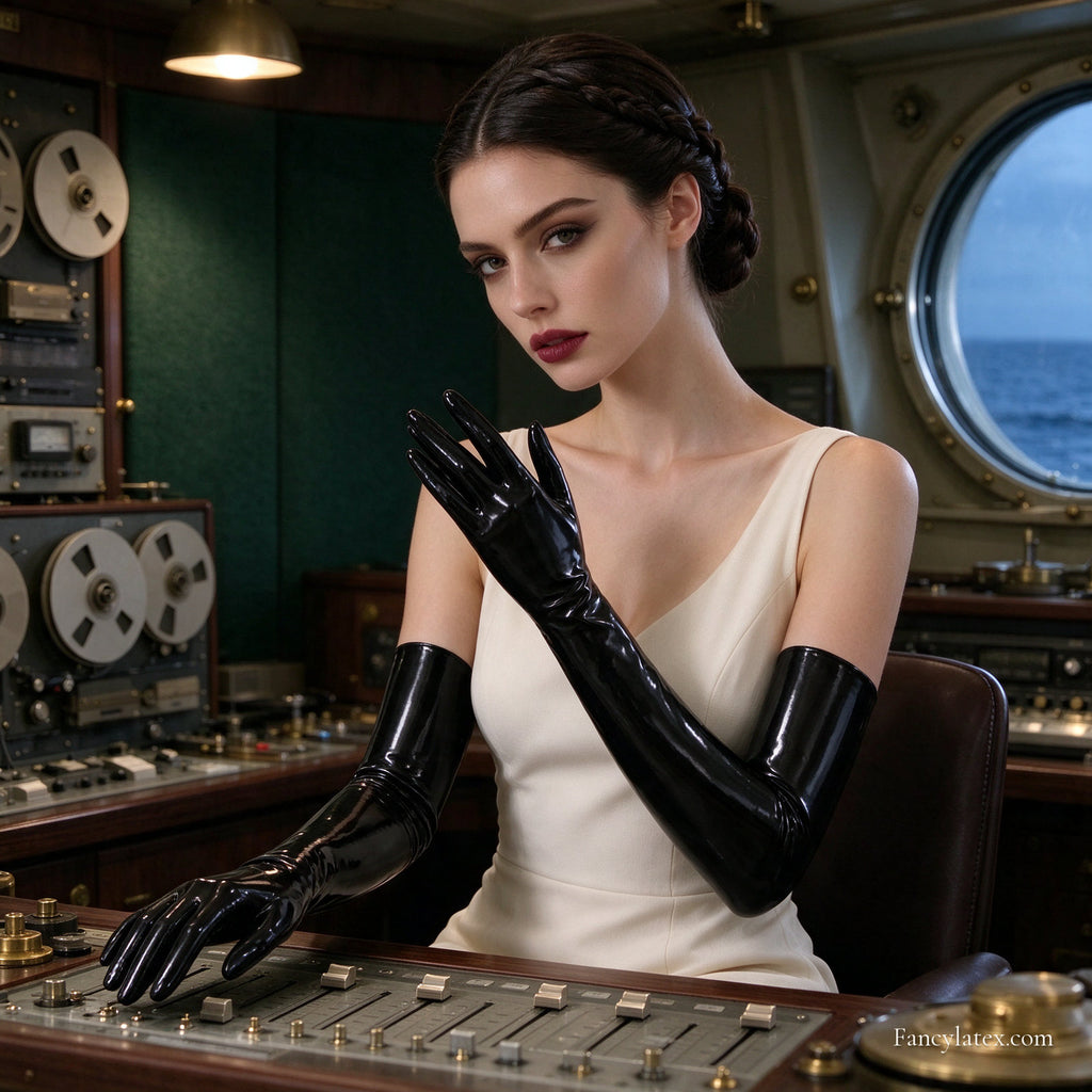Woman wearing a matching pair of glossy black latex opera gloves that extend above the elbows, front view